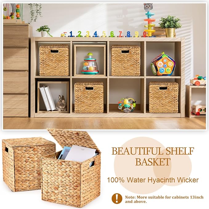 Jinei 6 Pcs Water Hyacinth Storage Baskets with Lid 12"x12"x12" Wood Color | Handwoven Wicker Bins with Handles, Wicker Cube Baskets Bulk for Shelves Organizer Laundry, Closet Bedroom - Image 5