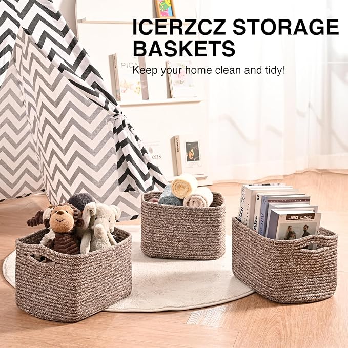ICERZCZ Storage Baskets for Shelves Organizing, Woven Cotton Rope Baskets for Storage, Book Basket, Decorative Shelf Basket, 12.5"Lx9.1''Wx7.9''H (4 Packs) Dark Brown - Image 6