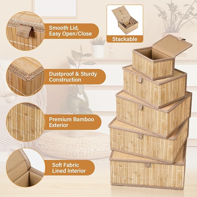 Set of 5 Bamboo Decorative Storage Boxes with Lids, Woven Stackable Storage Bins with Washable Liners, Wicker Nesting Basket Organizers for School, Dorm Room, Classroom, Home, Office - Image 3