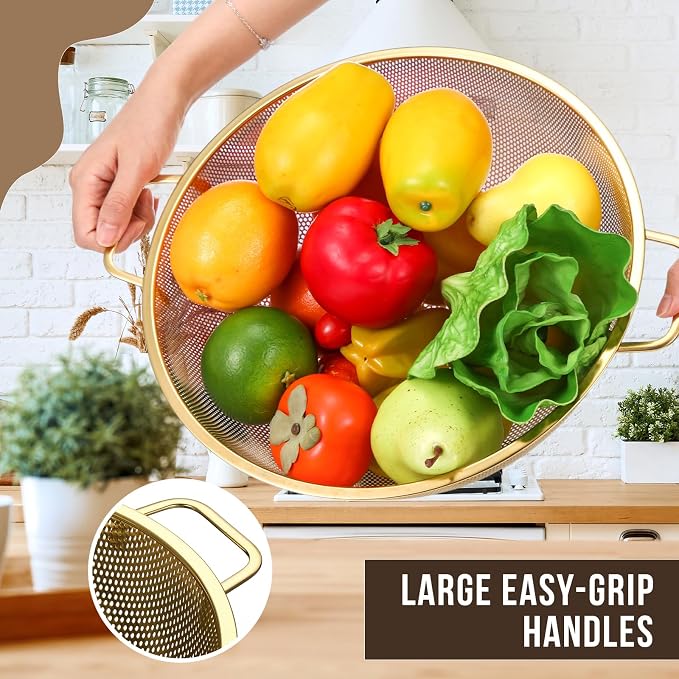 Norme 7 Quart Stainless Steel Gold Colander and 3 Pcs Gold Fine Mesh Strainer, Stainless Steel Pasta Rice Food Metal Strainer with Handles, Easy Clean and Dishwasher Safe - Image 4