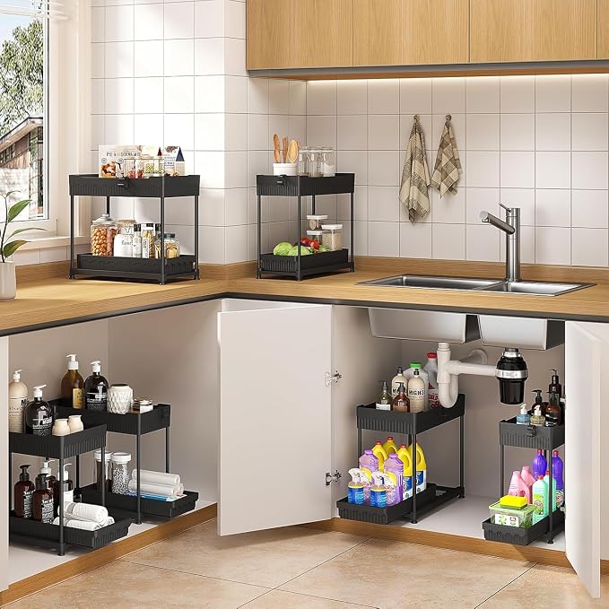 4-Pack 2-Tier Under Sink Organizer with Pull Out Drawers | Multi-use kitchen & bathroom storage. Includes hanging hooks and cups. Black, space-saving cabinet design. 14.8 Inch - Image 4