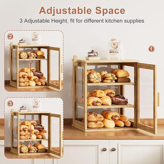 WOWLIVE Bread Box for Kitchen Countertop, 3 Layers Bread Storage Container | Large Bamboo Bread Bin for Homemade Bread with Window, Farmhouse Breadbox Organizer for Cabinet, Natural, Extra Large - Image 7