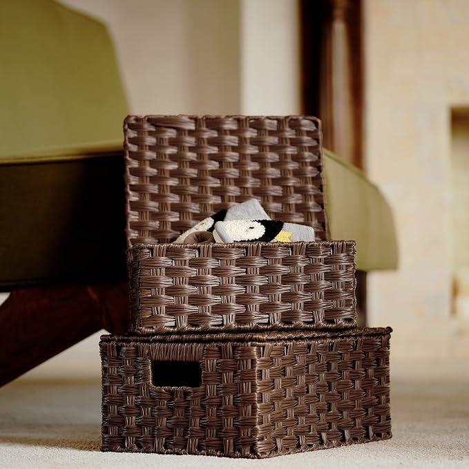 Granny Says Wicker Baskets with Lids, Decorative Storage Boxes With Lids | Woven Baskets With Lids, Wicker Baskets For Storage, Decorative Storage Boxes, Woven Stackable Basket with Lid for Organizing - Image 2