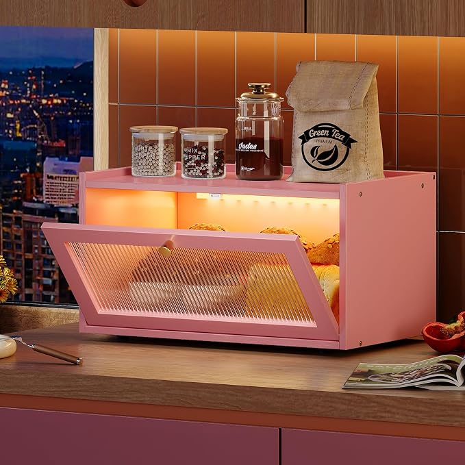 Trironsun Bamboo Bread Box with Led Light for Kitchen Counter Large Capacity Bread Storage Container Kitchen Countertop Organizer with Window Bread Holder (Pink) - Image 2