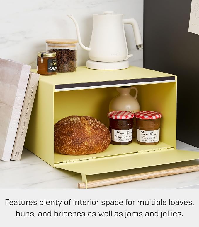 YAMAZAKI Home Modern Bread Box – Steel + Wood Countertop Bread Storage Container, Large Yellow Bread Box for Kitchen Countertop, Space-Saving Bread Keeper, Easy Access Lid - Image 5