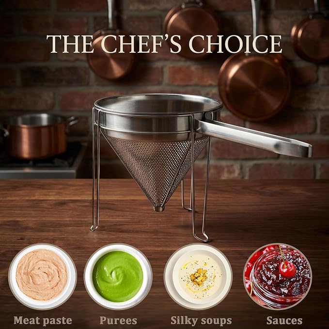 8 inch Stainless Steel Chinois Strainer with Stand, Fine Mesh China Cap Strainer with handle and Pestle for Tomato, Fruit,Soup and Jam Making. - Image 5