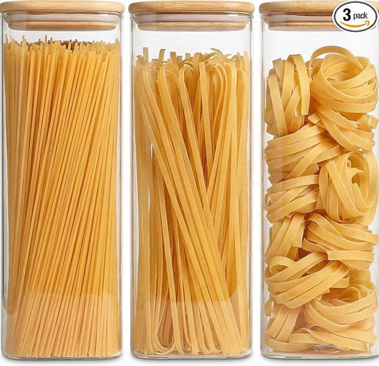 Pasta Storage Containers 3 Pack, 78oz Square Airtight Glass Spaghetti Container with Bamboo Lids, Tall Glass Pasta Storage Jar for Pantry Organization Spaghetti Linguine Fettuccine Cereal by Snaiio