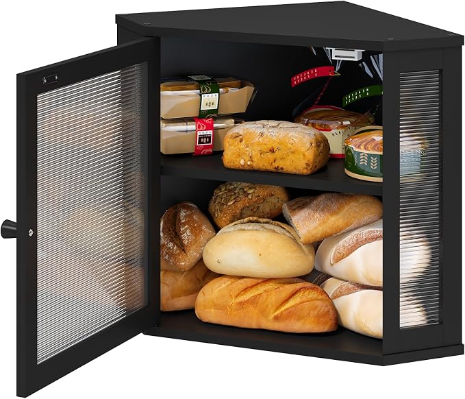 viewcare Corner Bread Box for Kitchen Counter, Bamboo Wood Black Bread Box, Large Capacity Bread Storage Bin with Acrylic Wavy Door Panel (Black, Meduim) - Image 3