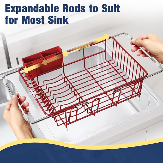 JASIWAY Red Dish Drying Rack in Sink, Dish Drainer with Utensil Holder | Over The Sink Expandable Stainless Steel Strainer Dryer Rack for Small Kitchen, Counter Space Saving, Fast Drain, Rustproof - Image 4