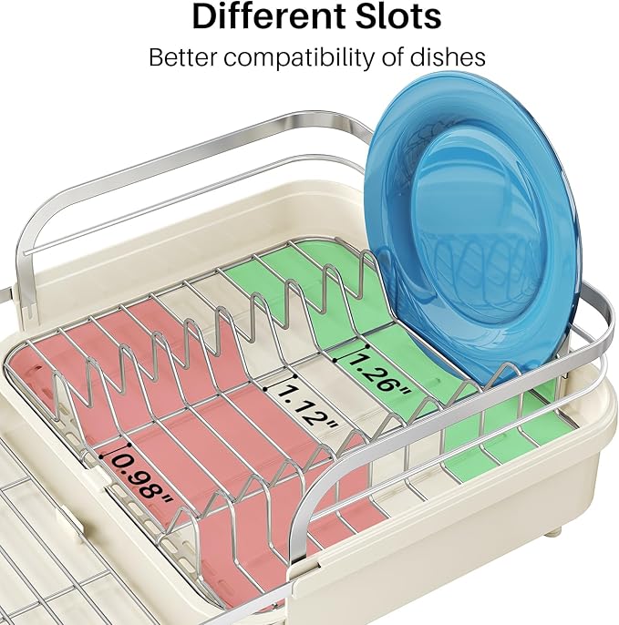 SNTD Expandable Dish Drying Rack for Kitchen Counter, 15.2-22.1 in, Beige | Rust-Resistant Stainless Steel, Protective Side Rails, Self-Draining Drainboard, Removable Utensil Holder - Image 6