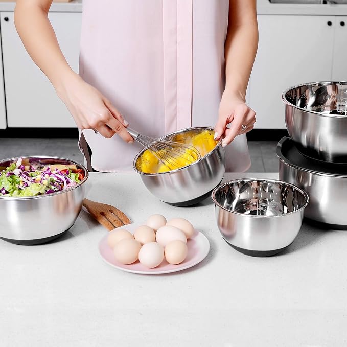 Wildone Mixing Bowls with Lids Set, Stainless Steel Mixing Bowls Set of 5 | Large Prep Metal Bowl Set with Non-slip Bottoms, Size 8, 5, 3, 2, 1.5 QT, Airtight Lids, Thicker Stainless Steel - Image 3