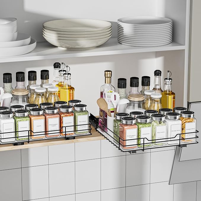 BOIVSHI Pull Out Spice Rack, Slide Out Spice Rack for Cabinet, Spice Organizer for Kitchen and Pantry, Fits Spices, Sauces, Canned Food (10.5''Wx10.5''Dx2.5''H) - Image 8