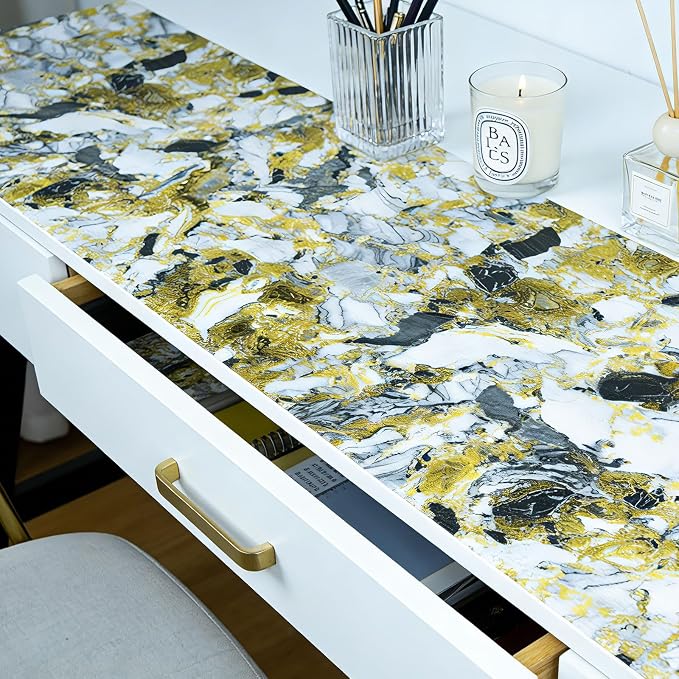 Drawer and Shelf Liner - Yellow Black Marble Pattern,Non Adhesive | Non Slip Waterproof Easy-Clean Liner for Kitchen Cabinet, Refrigerator, Bathroom, Pantry Storage Drawers, 17 in x 20 Ft - Image 2