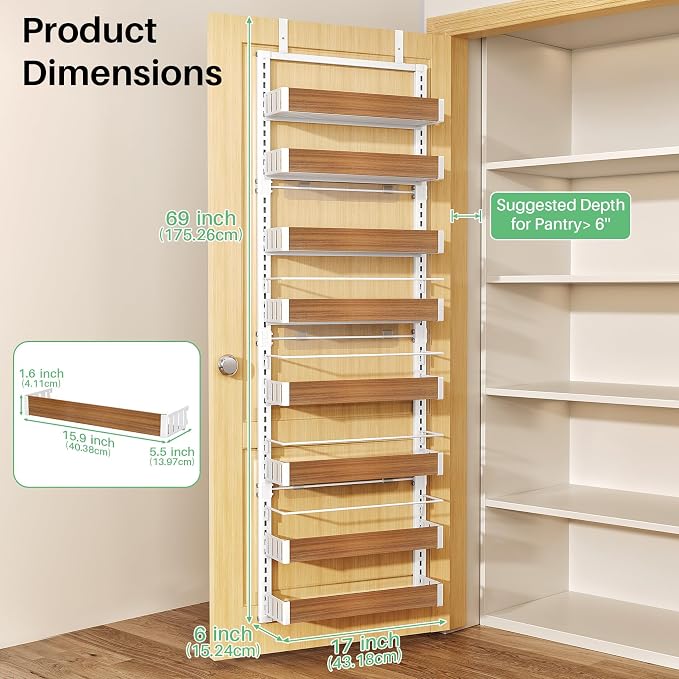 SNTD 8 Tiers Wooden Over the Door Organizer, 17" W x 6" D x 69" H, Walnut | Pantry Door Organizers and Storage, Height Adjustable Spice Rack, Dense Mesh Baskets, Anti-Swing, Adjustable Door Fastener - Image 2
