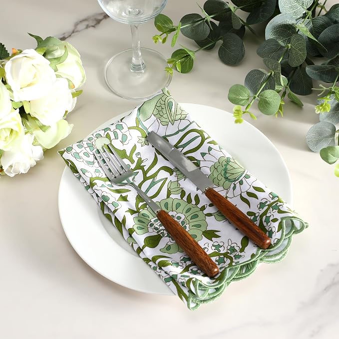 Hahafelt 12 Pcs Floral Cloth Napkins Block Print Colorful Cotton Napkins 18x18 Inches with Scalloped Edges Cotton Reusable Washable Napkin Bulk for Dinner Table Cocktail Party Weddings Home Decor - Image 4