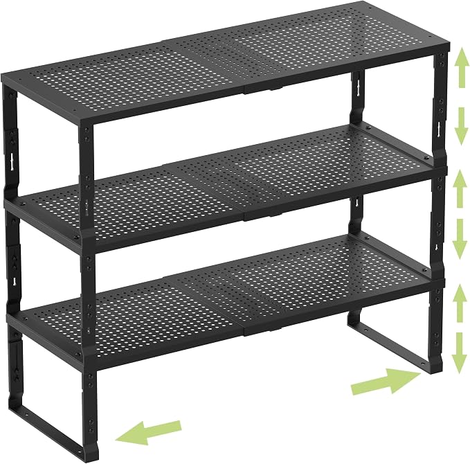 Heavy-Duty Adjustable Metal Shelf Organizer - Expandable & Stackable Pantry Storage Rack for Kitchen, Bathroom, RV, Cabinets(3 Packs/Black, Large) by Unknown