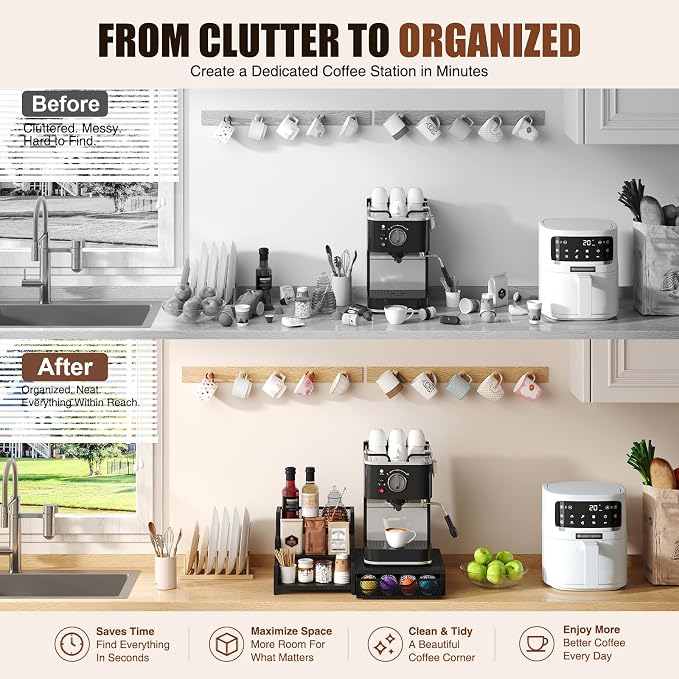 Coffee Station Organizer Compatible with Nespresso Vertuo Pods, Holds 48 Small or 32 Large Pods, 3-Tier Coffee Bar Organizer with K-Cup Holder, Coffee Pod Drawer & Syrup Cups Rack for Accessories - Image 6