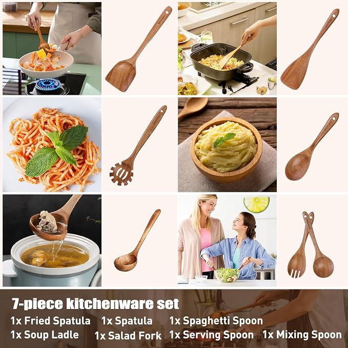 Wooden Spoons for Cooking,WOTTISH 7Pcs Wooden Cooking Utensils,Nonstick Wooden Spatula,Wooden Kitchen Utensils Set Non Toxic,Wooden Utensil Set(A07) - Image 4