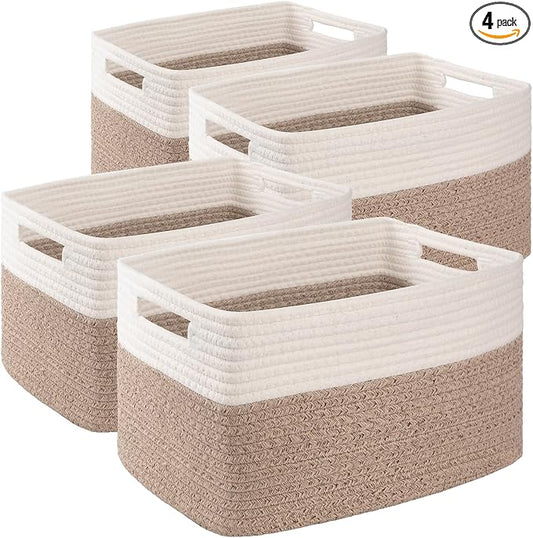 4 Pack Storage Baskets for Organizing, Woven Baskets for Shelves - Perfect for Toys, Books, Towels, and Clothes, Durable Gift Basket Bins Toy Storage, 15.7''Lx11.8''Wx7.8''H, Brown & White by SIXDOVE