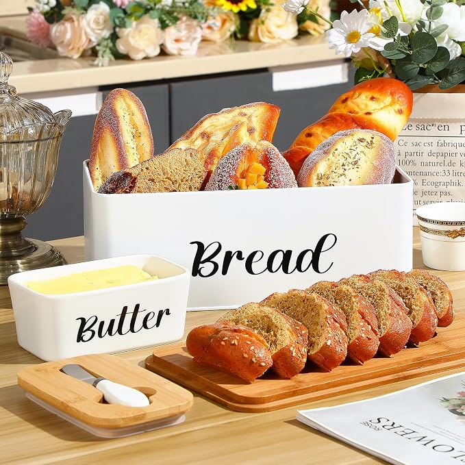 Hushee Metal Bread Box and Butter Dish with Bamboo Cutting Board Lid and Knife Bread Storage Container Breadbox for Kitchen Counter Butter Organizer for Kitchen Countertop Decoration(White) - Image 5