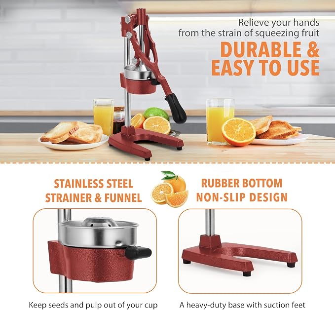 19 Inch Height Extra Tall Commercial Heavy Duty Cast Iron Hand Press Manual Orange Citrus Lemon Lime Grapefruit Pomegranate Fruit Juice Squeezer Machine with Stainless Steel Cup Red - Image 6