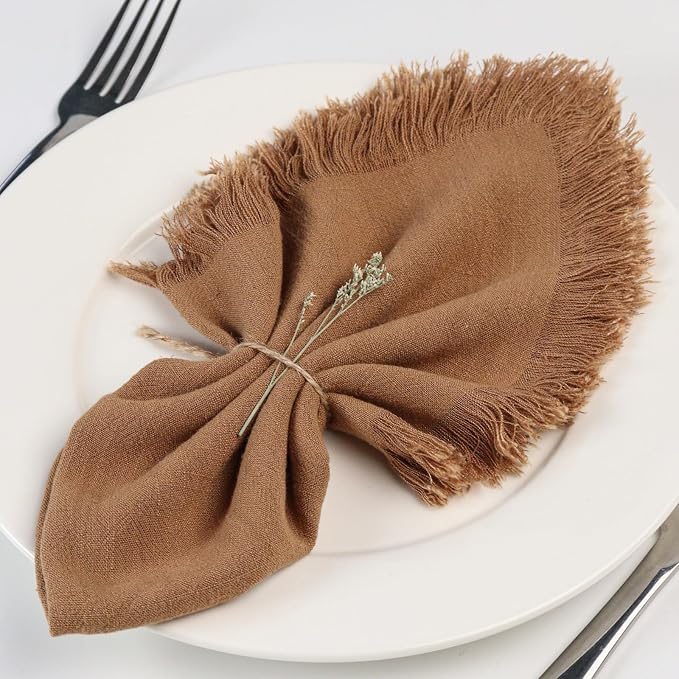 Handmade Cloth Napkins with Fringe,18 x 18 Inches Cotton Linen Napkins Set of 6 Versatile Handmade Square Rustic Fringe Napkins for Dinner, Wedding and Parties, Taupe by Dololoo
