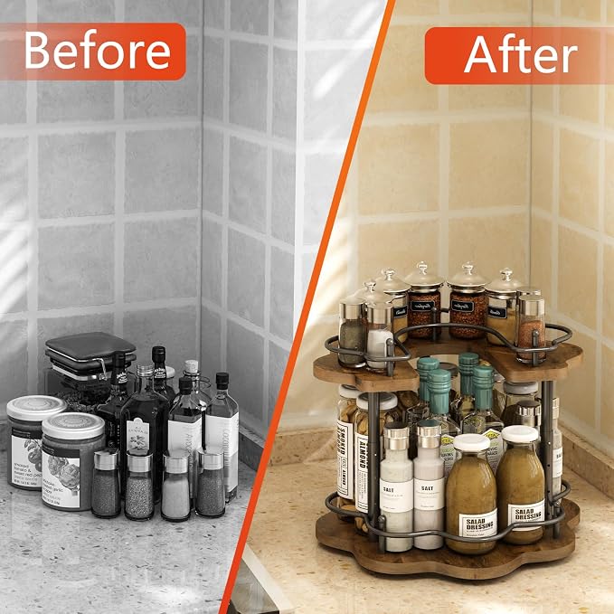 2 Tier Lazy Susan Organizer,2-Tier Spinning Spice Rack with Stable Carousel Base & 4 Height Settings for Cupboard Kitchen Countertop Dining Table Cupboard (Petal Shape) - Image 6
