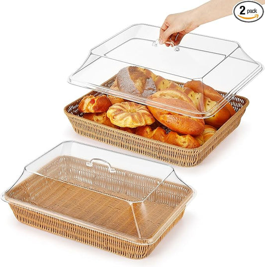 2 Set Wicker Bread Basket for Serving with Acrylic Lid Cover Imitation Rattan Bread Basket Woven for Fruit Summer Picnic BBQ Pool Party Outdoor Housewarming Gift(17.72" X 13.78") by Ziliny