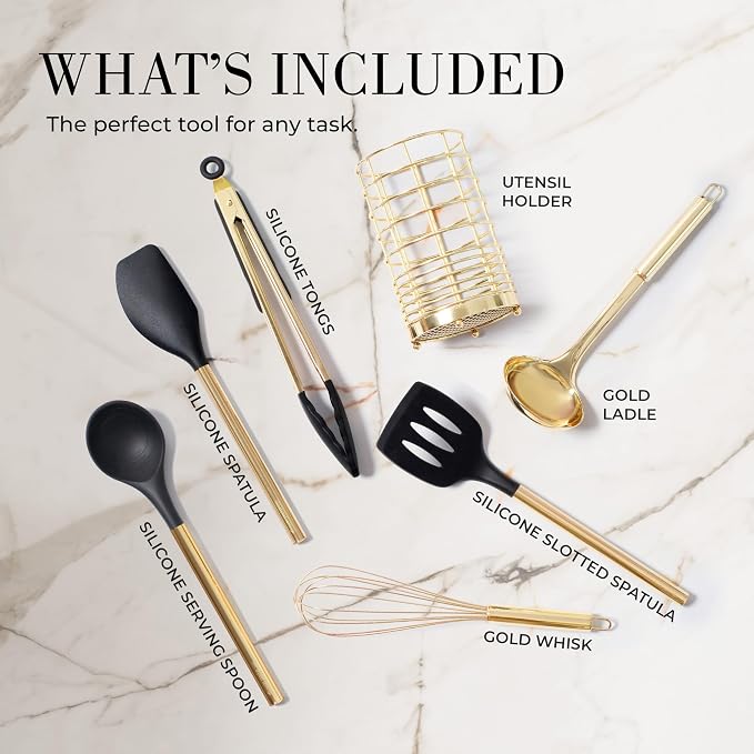 Styled Settings Black and Gold Cooking Utensils Set, 7-Piece, Black & Gold | Nonstick Silicone Cooking Utensils Set with Gold Utensil Holder, White and Gold Kitchen Accessories for Modern Kitchens - Image 2