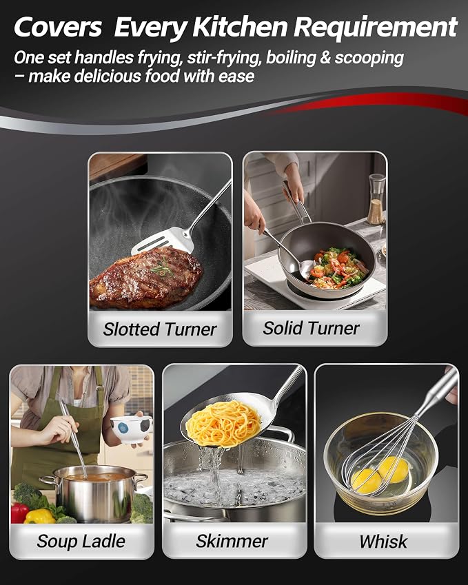 304 Stainless Steel Kitchen Utensils Set, 15PCS All Metal Cooking Tools Set with Whisk, Turner, Tongs, Ladle & Masher, Heavy Duty Dishwasher Safe Kitchen Gadget Set for Home & Professional Cooking - Image 3