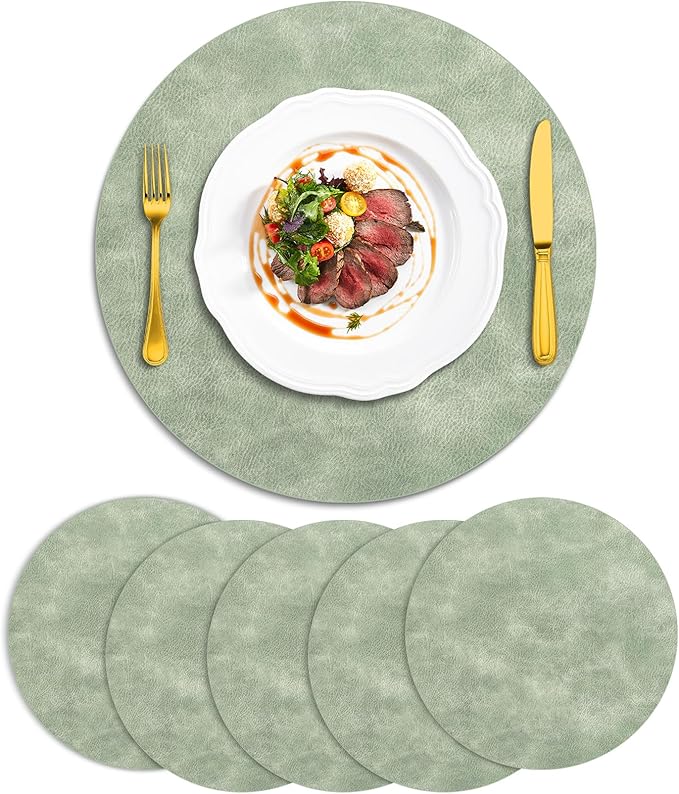 ADRIMER Placemats, Heat Resistant Round Placemats Set of 6 Washable, Waterproof Table Mats, Wipeable Faux Leather Place Mats for Kitchen, Dining Room, Green by Adrimersdreamistobeanindispensablecompanioninyourlife