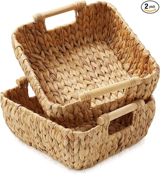 Casafield Set of 2 Water Hyacinth Oval Storage Baskets with Wooden Handles - Small, Woven Bin Organizers by Casafield