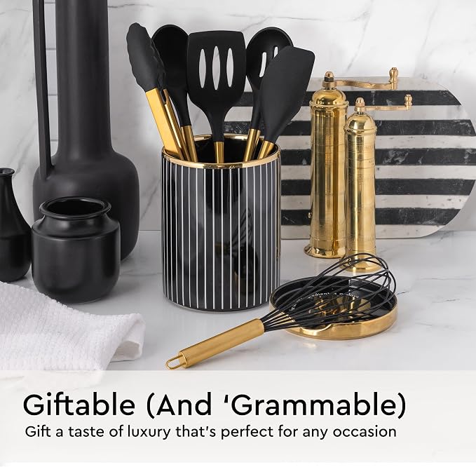 Styled Settings Black and Gold Kitchen Utensils Set, 6-Piece | Silicone Utensils Set Include Tongs, Whisk, Serving Spoon, Spatula, & Turner for Stylish Cooking - Gold Kitchen Accessories - Image 6