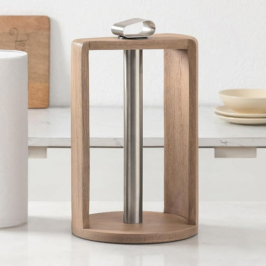 Anji Mountain Wooden Paper Towel Holder with Metal Holder, Holder Stand for Kitchen Roll Organizer & Kitchen Dining Table Home Décor, Countertop Fits Jumbo & Mega Rolls - Biscotti/Nickel, Top Load by AnjiMountain