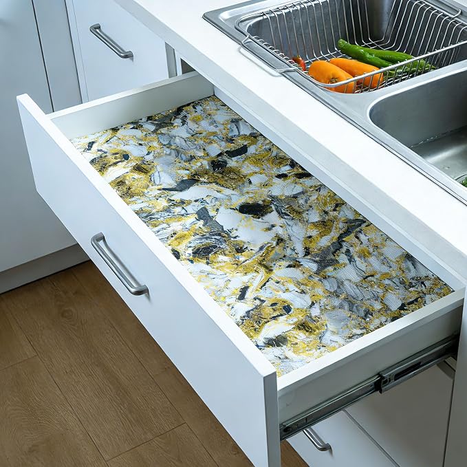 Drawer and Shelf Liner - Yellow Black Marble Pattern Non Adhesive | Non Slip Waterproof Easy-Clean Liner for Kitchen Cabinet, Refrigerator, Bathroom, Pantry Storage Drawers, 12 in x 10 Ft - Image 5