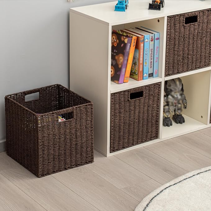 Handwoven Paper Woven Cube Basket Organizer with Handles set of 4 Foldable Storage baskets for Bedroom Living Room Cubby Storage Units for Clothes Books Toys (Brown, 13" L x 13" W x 13" H) - Image 4