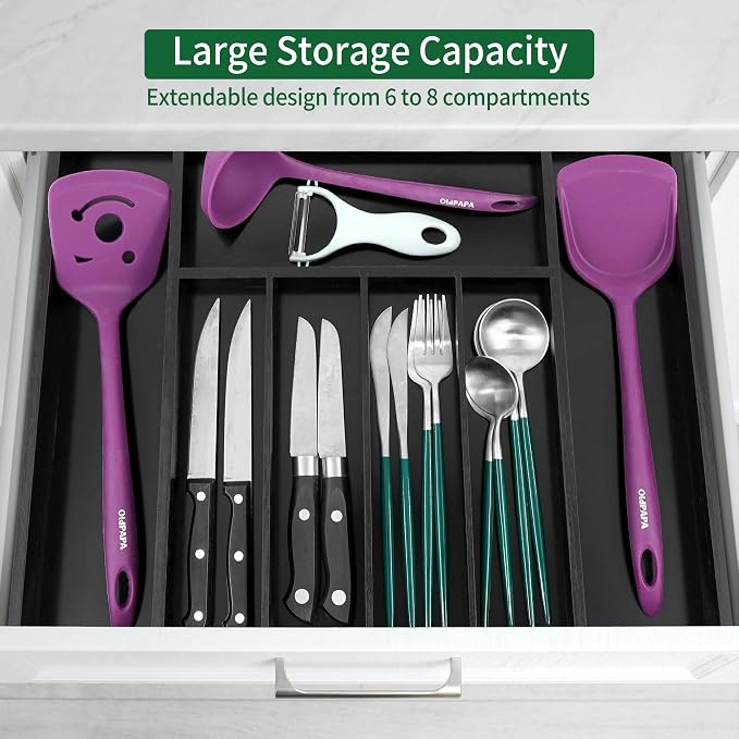 Utoplike Bamboo Silverware Drawer Organizer, Black Kitchen Utensils Tray | Expandable Drawers Organiser, Cutlery Dividers, Flatware Caddy Drawer Insert, Office Supplies, 5-7 Slots - Image 3