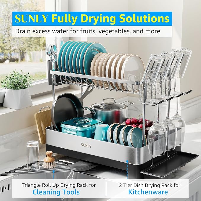 2 Tier Dish Drying Rack, Extra Large Dish Rack, Multifunctional Large Dish Drainers for Kitchen Counter, 304 Stainless Steel Kitchen Drying Rack, Bowl Drying Rack, Extendable Drain Spout, Black - Image 2