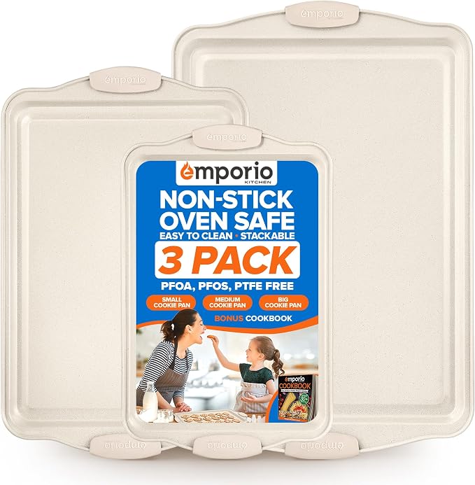 Emporio Kitchen Baking Pan Set - Nonstick Coating, Carbon Steel Bakeware Set with White Silicone Handle, PFOA, PFOS, PTFE Free, Recipe Booklet Included, Oven Safe Tray (Up To 450° F), Set of 3 - White by Unknown