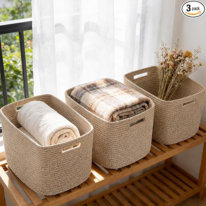 3 Pack Woven Baskets,Storage Baskets for Shelves with Handles | 13.5"×11"×9.5", Closet Baskets, Nursery Organizer for Toys Towels Books, Storage Bin for Living Room Bedroom (Mixed Brown) by HZFTJOY