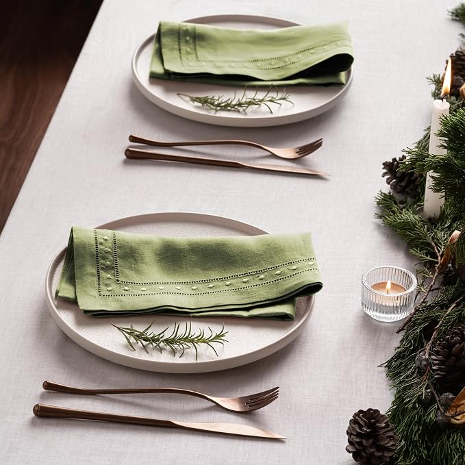 Linen Napkins 18 x 18 inch - 100% Flax Linen Olive Green Dinner Napkins with Embroidered Dot 18 x 18 inch - Hemstitch Cloth Napkins Washable for Summer and Wedding Decor - Image 5