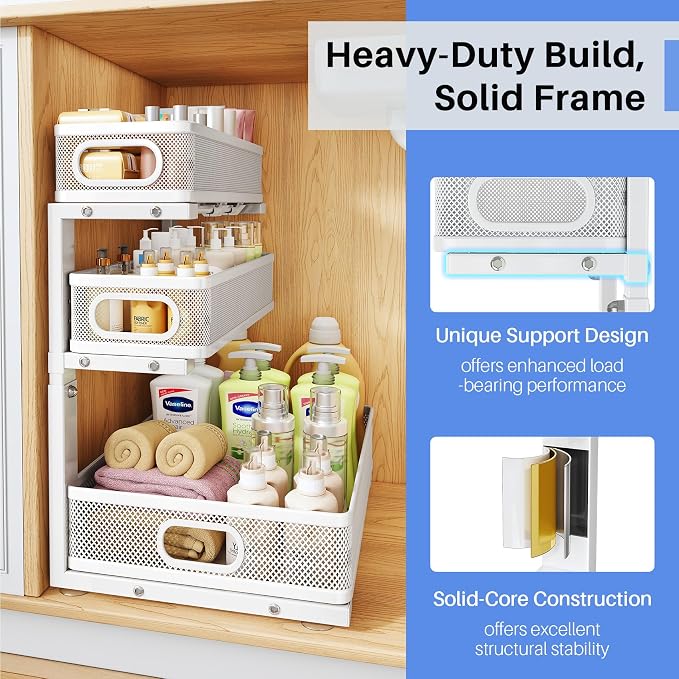 Under Sink Organizer, 3-Tier Thickened Metal Pull out Cabinet Organizer Shelf, Height Adjustable Slide out Storage Drawer Rack for Kitchen Bathroom Pantry Laundry Home Organization, 1-Pack, White | 35% Extra Storage Capacity, Carbon Steel, Hold Up 55lb... - Image 5