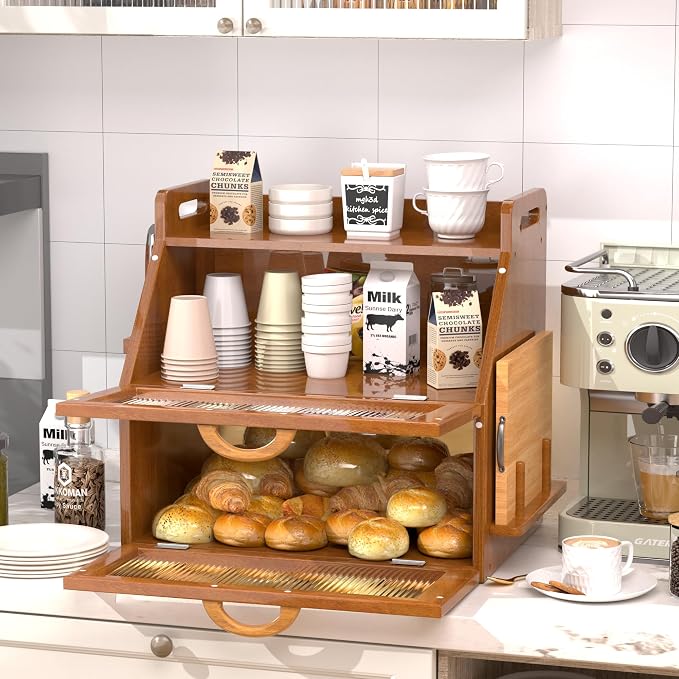 Bread Box for Kitchen Countertop, Large Bread Storage Container for Homemade Bread, Vintage Wooden Farmhouse Breadbox Organizers, Double Layer Bread Bin with Acrylic Window Bread Holder - Image 6