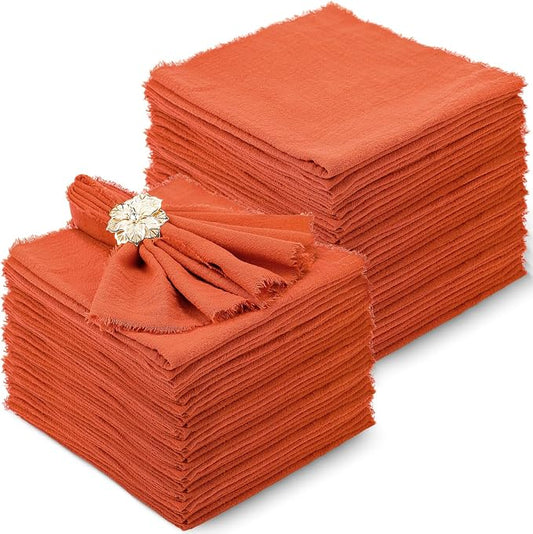 48 Pcs Cotton Linen Cloth Napkins with Fringe 16.5 x 16.5 Inch Square Rustic Dinner Linen Napkins Bulk for Wedding Party Banquet Dinner(Terracotta) by Buryeah