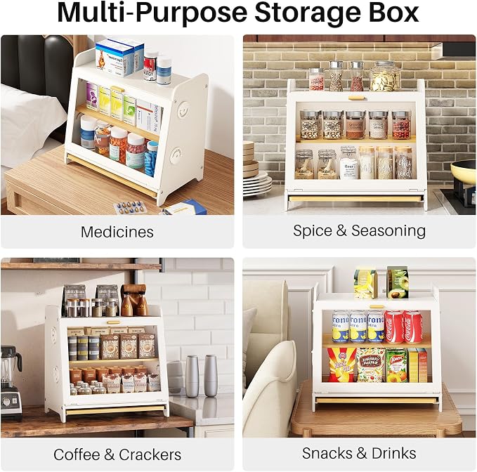 SNTD Airtight Bread Box for Kitchen Countertop, Bamboo Cutting Board, White | Adjustable Vent Hole, Sorted Storage, Natural Wood, Magnetic See-through Door, Metal Frame, Homemade Bread Storage Container - Image 9