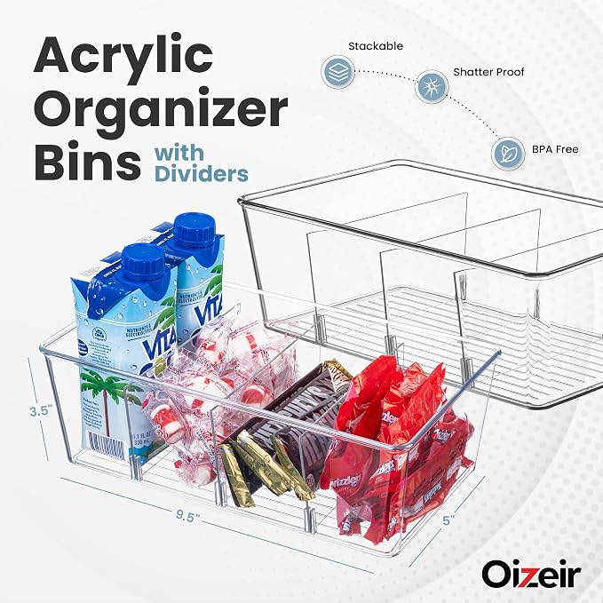 Oizeir Clear Pantry Organizer Bins 4-Pack - Fridge Organizer with 3 Removable Dividers - Kitchen Pantry Organizers & Storage - Storage Cabinet Snack - Image 2