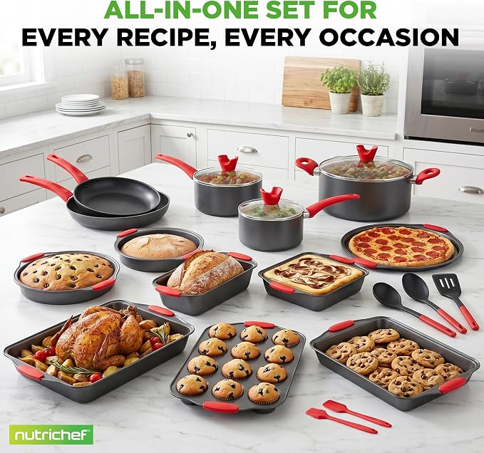 NutriChef 21-Piece Nonstick Cookware Set - PTFE/PFOA/PFOS Free Heat Resistant Lacquer Kitchen Ware Pots Pan w/ Cool-Touch Handles, Saucepan, Fry Pans, Lid, Bakeware, For Gas Electric Ceramic Cooktops - Image 6