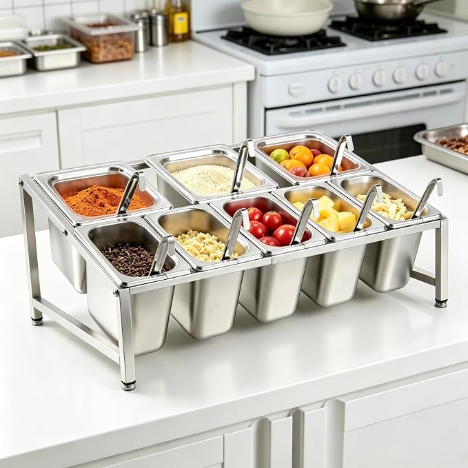 Telescoping Pizza Topping Station Condiment Container Food Prep Holder | Stainless Steel Container Set with 8 Pans & Spoons&Lid, Spice Rack Ingredients Holder Bar Kitchen Pizza Oven Accessories - Image 4