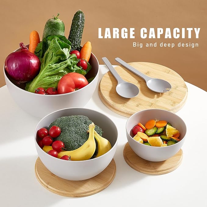 ECOWAY Salad Bowls Set of 3 with Lid & Serving Utensils, Bamboo Fiber Mixing Bowls Set Large Serving Bowls & Storage Set with Bamboo Lid for Salad, Kitchen Eating, Pasta, Popcorn, Chips, Fruit, Grey - Image 3