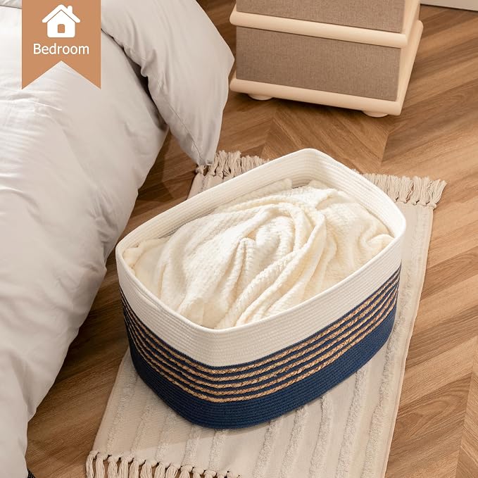 UBBCARE Blanket Basket, Large Rectangle Woven Storage Basket With Handles, Cotton Rope Toy Basket for Living Room, Nursery Baskets for Organizing, 22''L×17''W×12''H, Navy Blue - Image 7